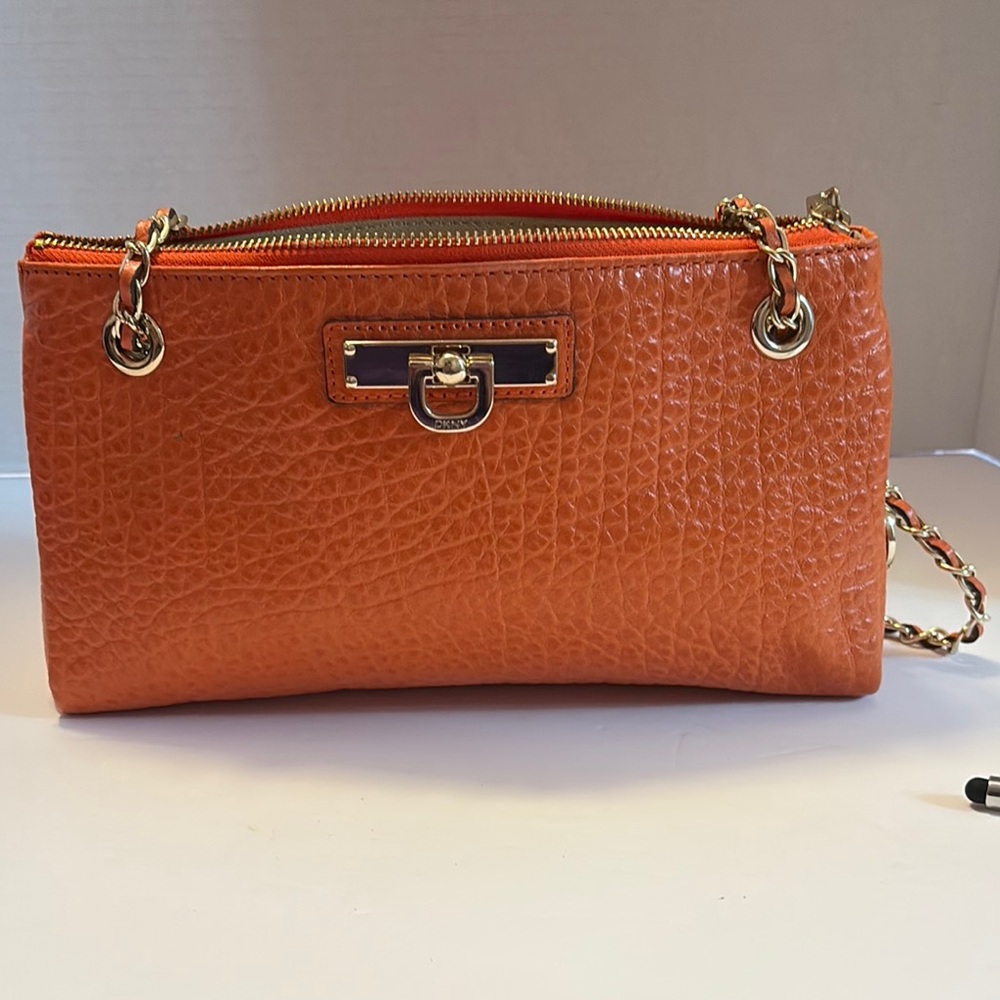 DKNY Pebbled Orange Leather Chain Strap Purse